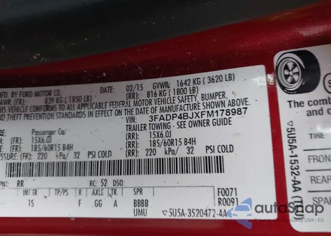 2015 Ford Fiesta Se from USA, damaged, VIN 3FADP4BJXFM178987